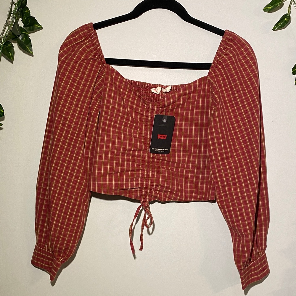 Levi's Women's Puff Long Sleeve Cropped Smocked Back Devin Blouse Red Plaid - Picture 3 of 8